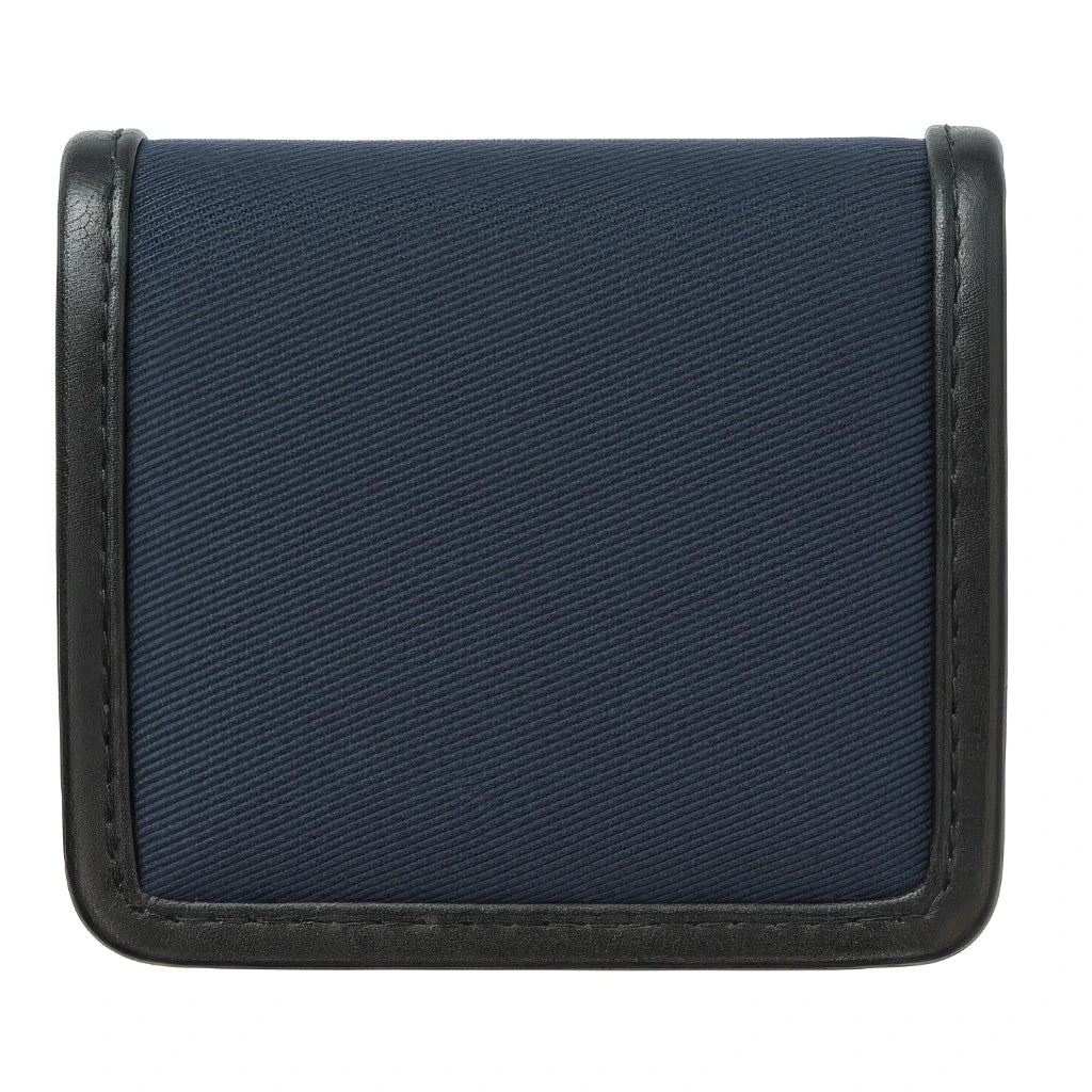 Blue fabric pouch with black leather trim on a white background